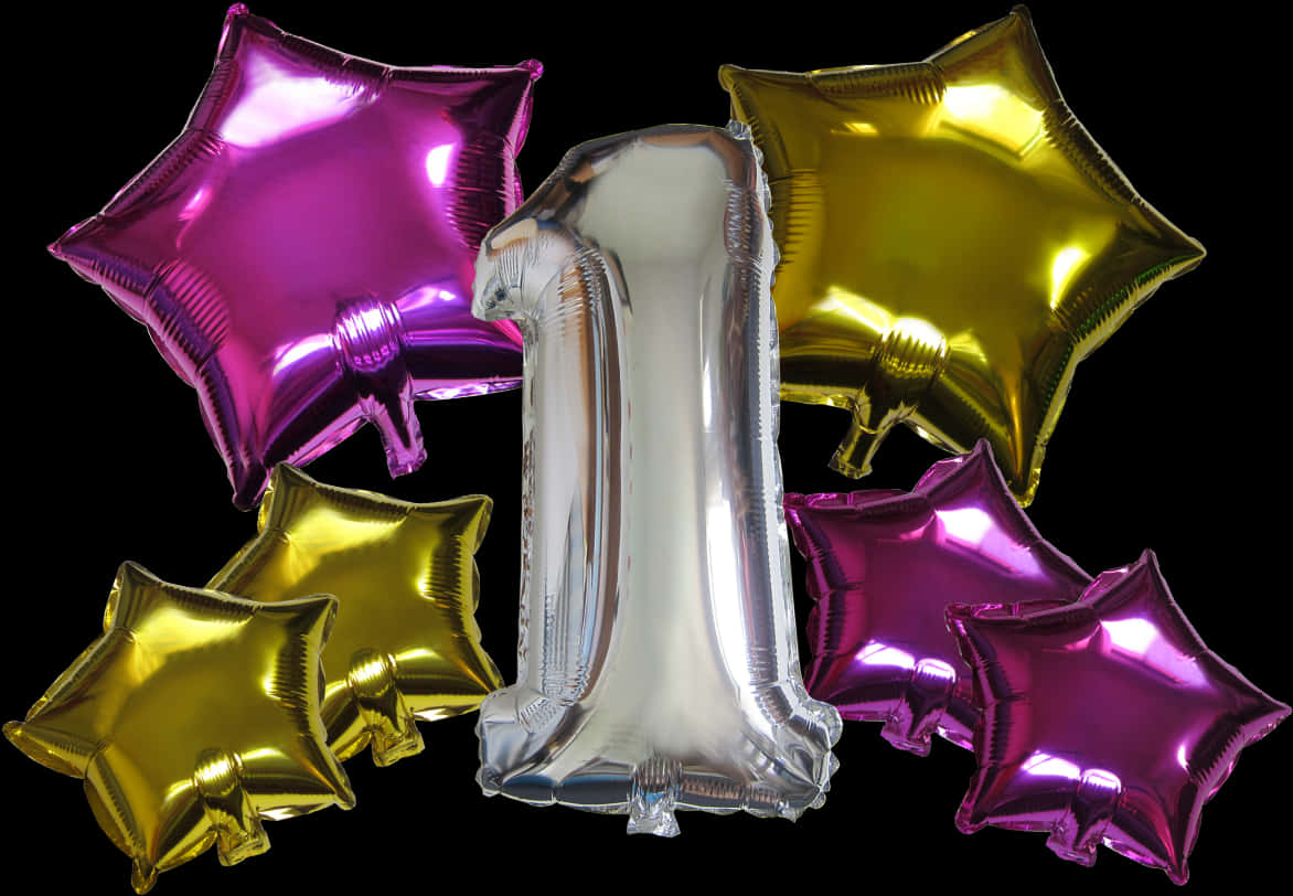 Star Shape Number Mylar Balloons Gold Fuchsia 7 Pieces PNG image with a transparent background, free high-resolution download