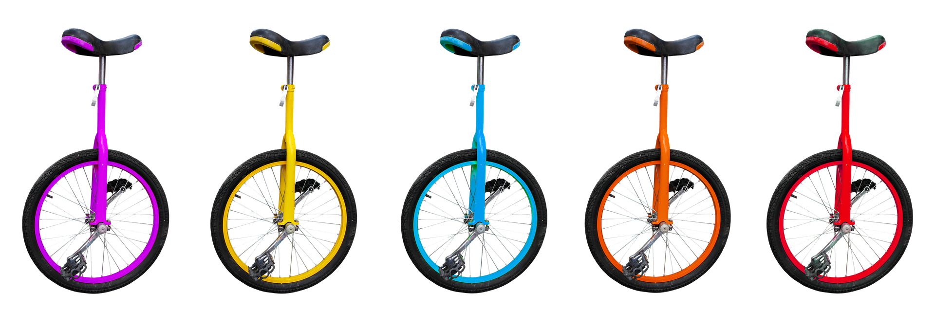 Colorful Unicyclesina Row