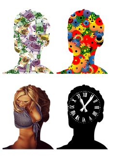 Conceptual Heads Representing Money Love Time PNG with transparent background