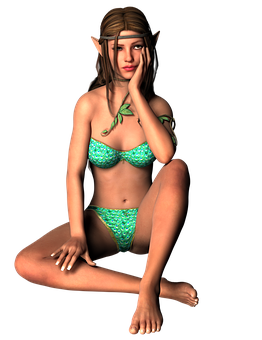 Contemplative_ Elf_in_ Green_ Bikini PNG with transparent background