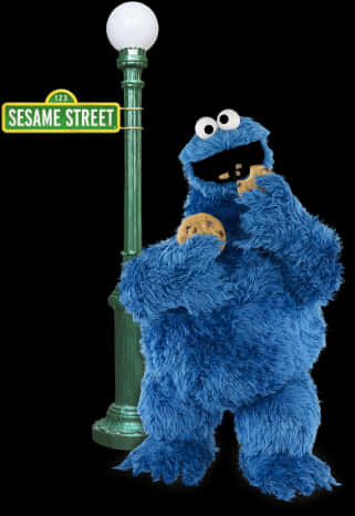 Cookie Monster Nextto Sesame Street Sign