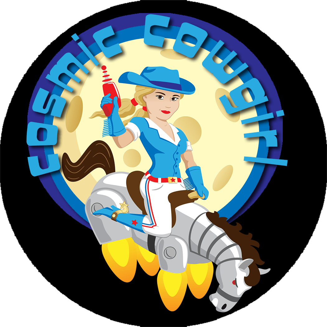 Cosmic Cowgirl Riding Rocket Horse PNG with transparent background