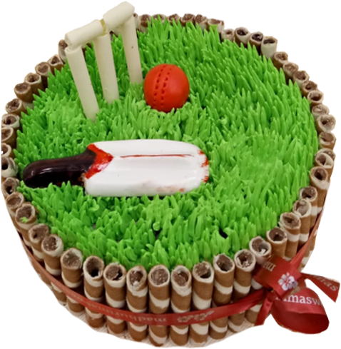 Cricket Themed Celebration Cake PNG with transparent background