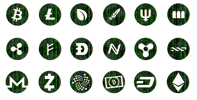 Cryptocurrency Icons Matrix Background PNG with transparent background