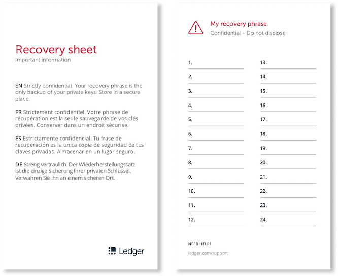 Cryptocurrency Wallet Recovery Sheet