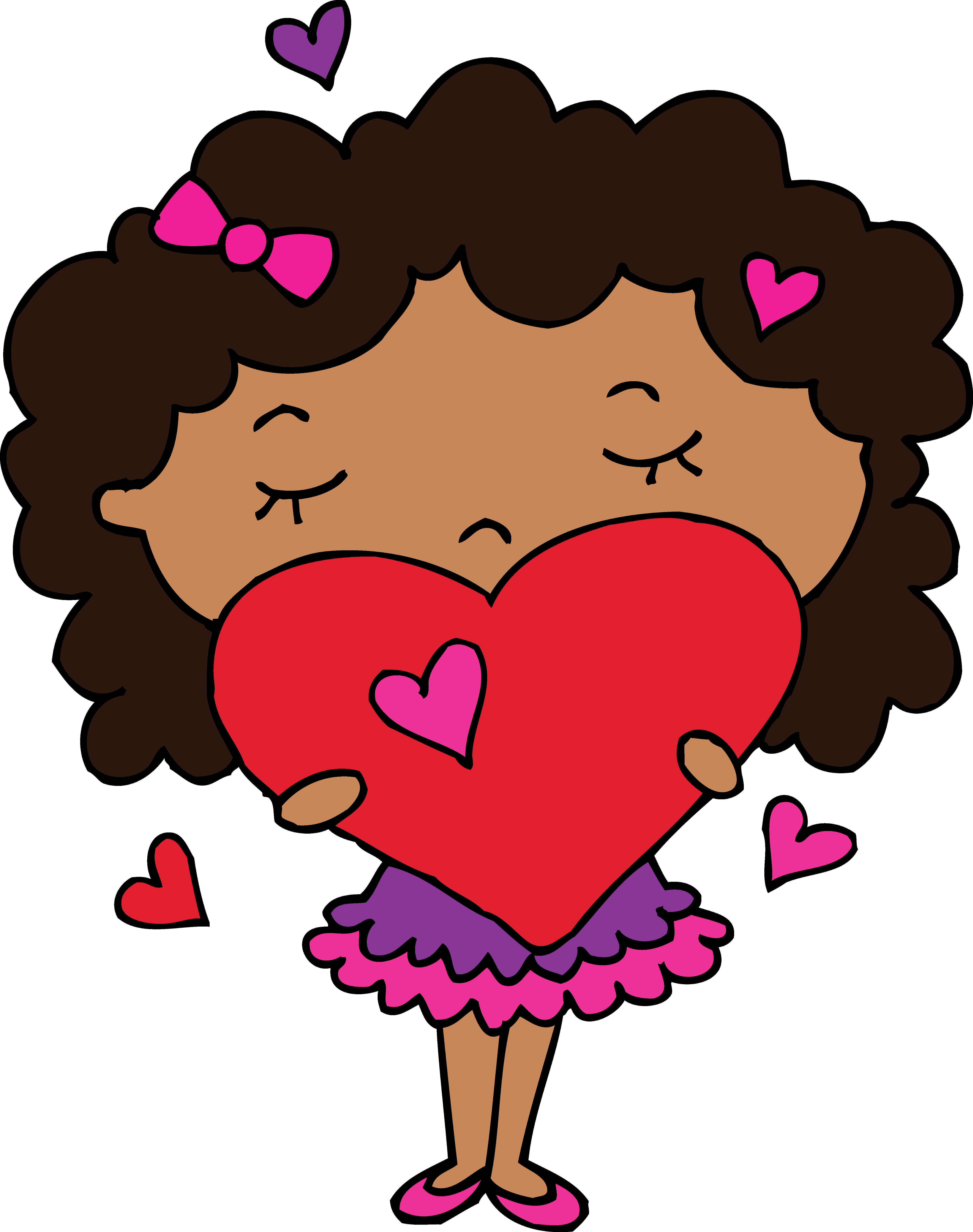 Curly Haired Cartoon Girl Holding Heart