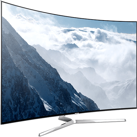 Curved L E D T V Displaying Mountain Scene PNG with transparent background