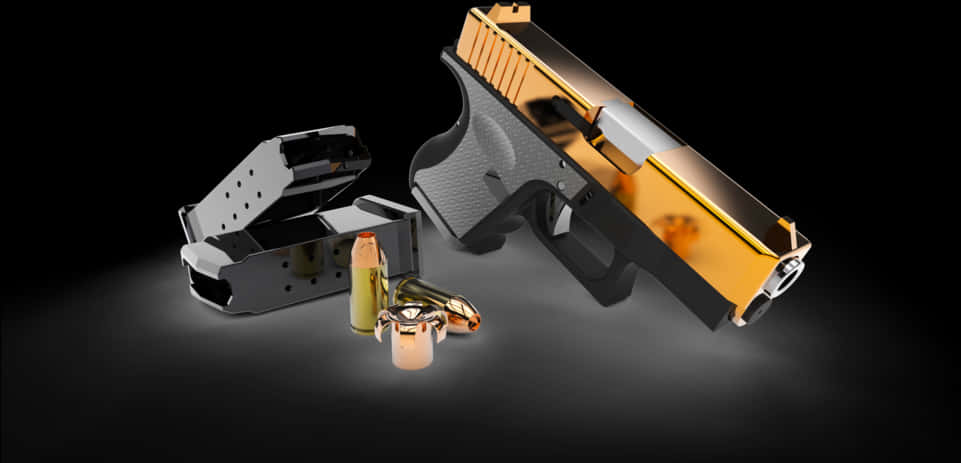 Custom Gold Black Glock Pistol PNG with transparent background