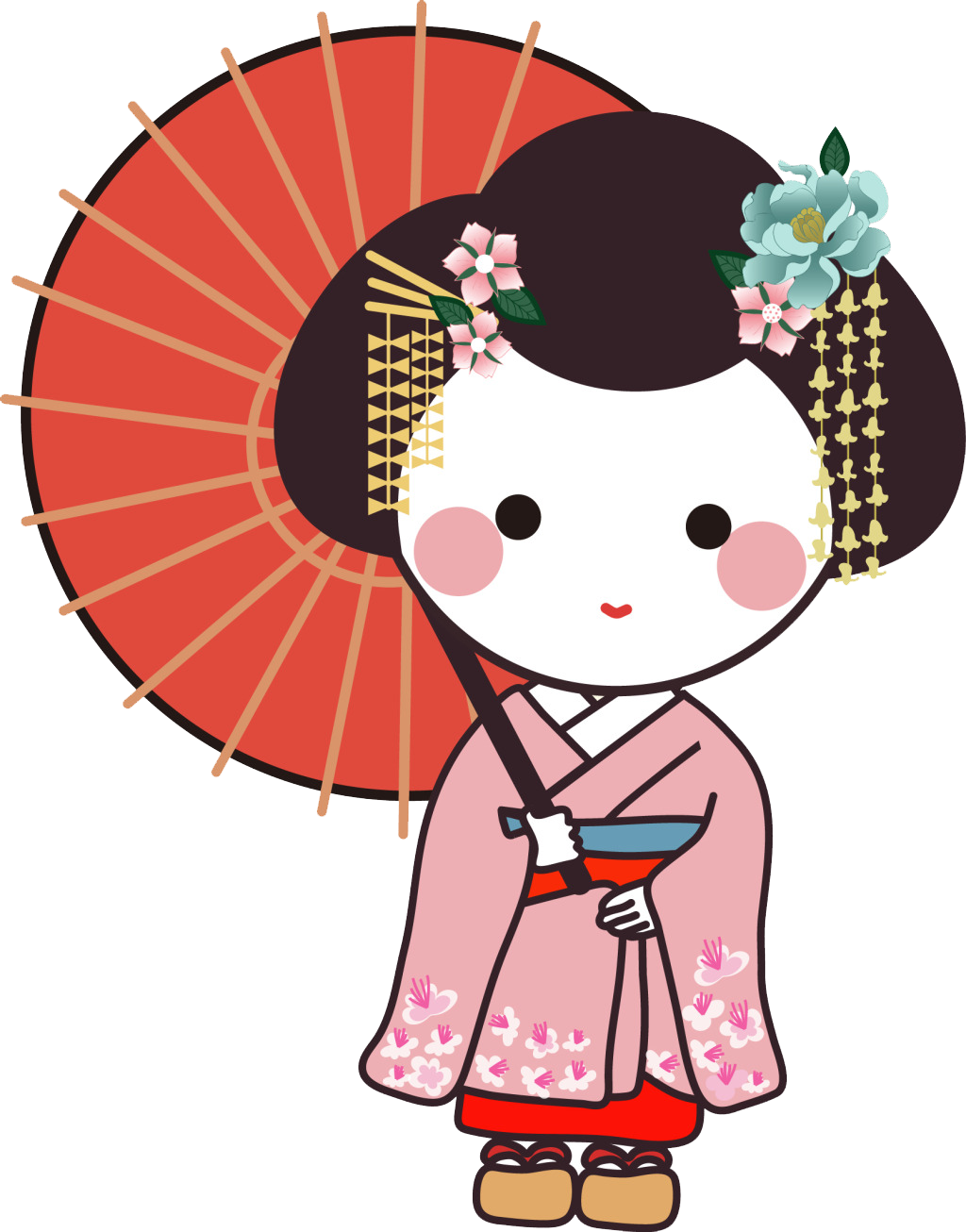 Cute Cartoon Geishawith Umbrella PNG with transparent background