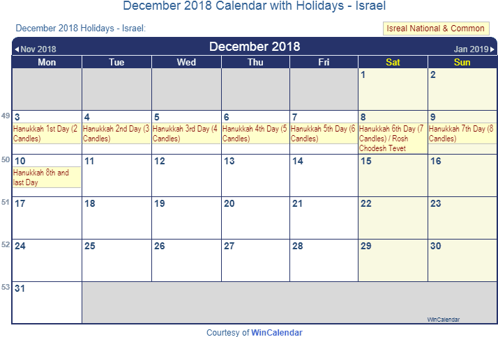 December2018 Holidays Israel Calendar PNG with transparent background