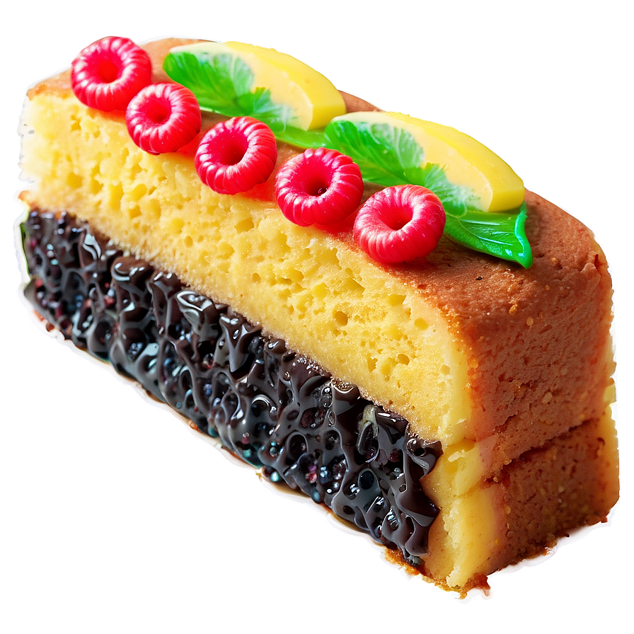 Decorated Sponge Cake Slicewith Chocolateand Fruit Toppings.png