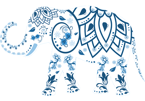 Decorative Blue Patterned Elephant PNG with transparent background