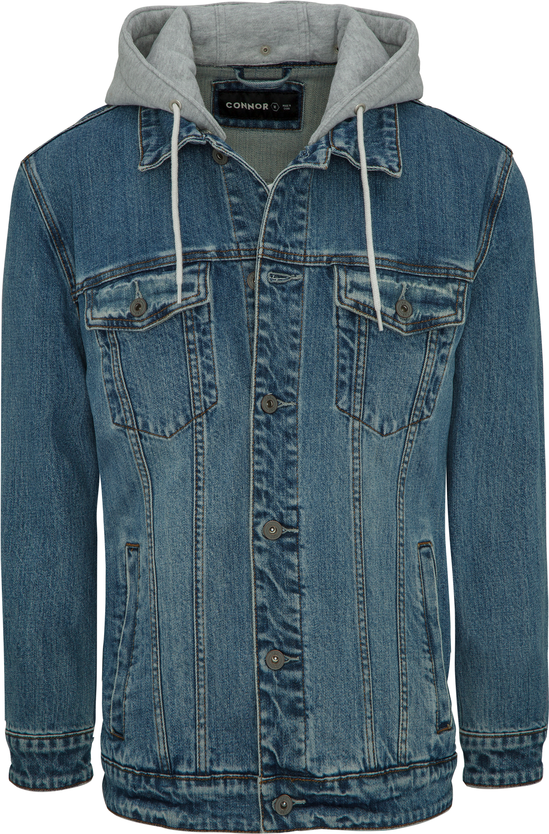 Denim Jacketwith Grey Hoodie Design PNG with transparent background
