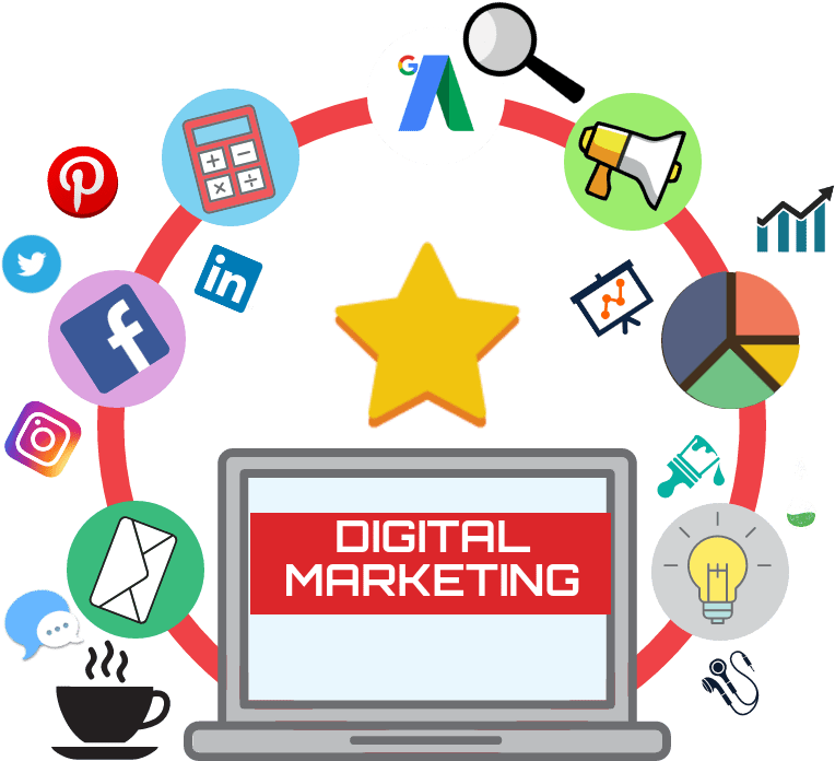 Digital Marketing Elements Around Laptop PNG with transparent background