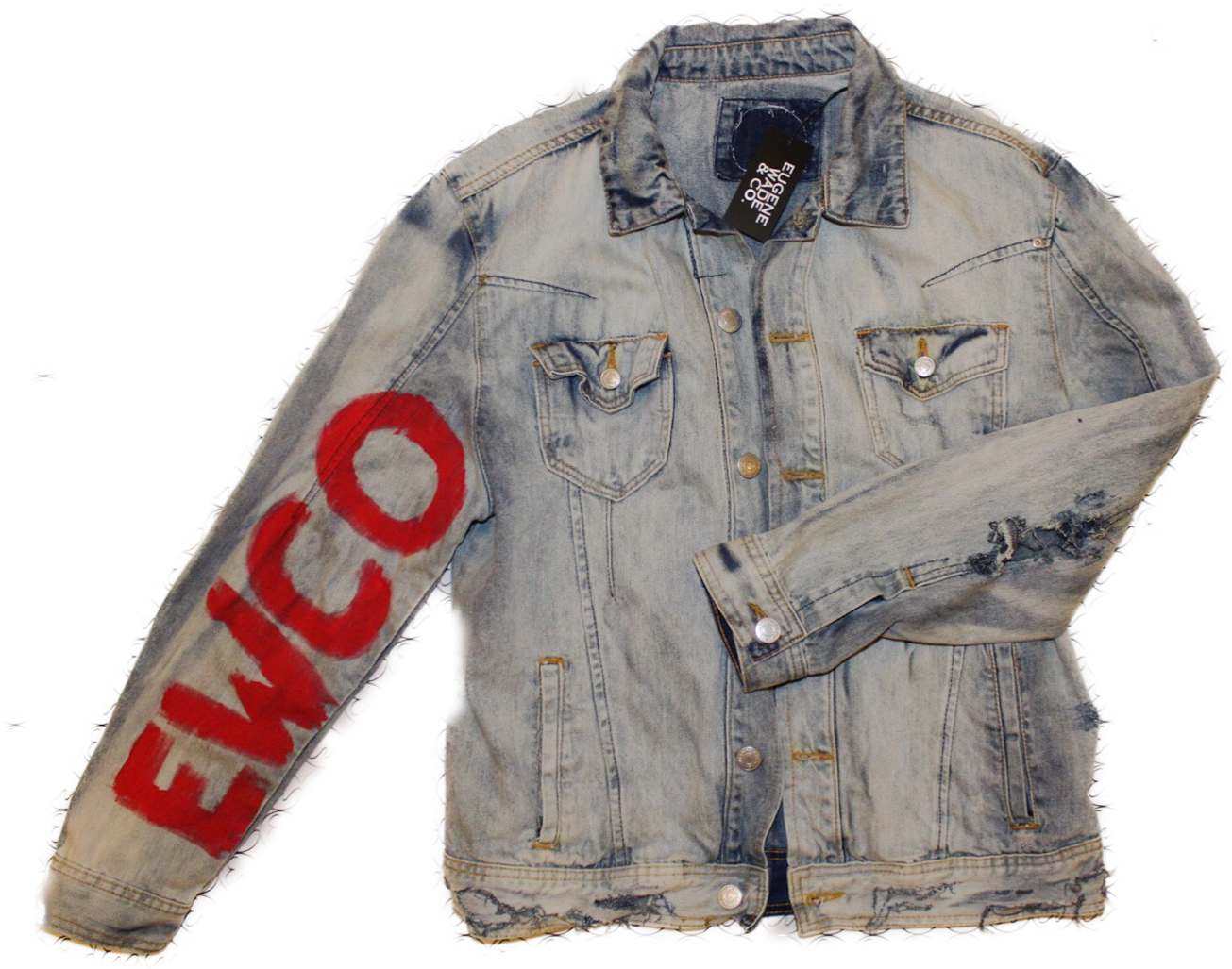 Distressed Denim Jacketwith Red Accent PNG with transparent background