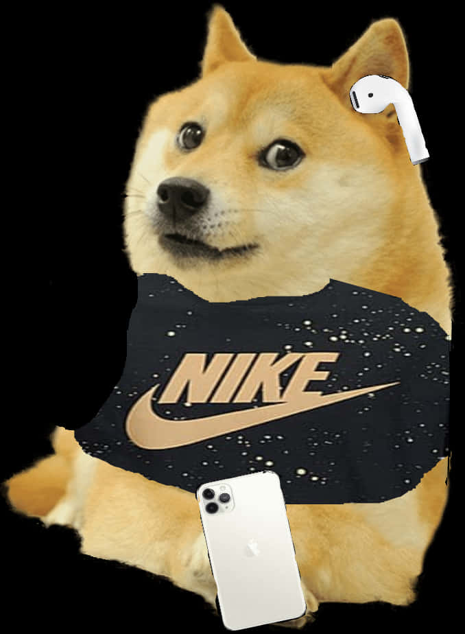 Doge In Nike Gear With Air Podsandi Phone.jpg PNG with transparent background