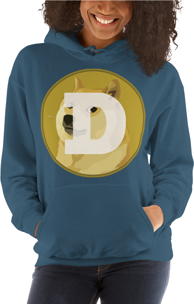 Dogecoin Logo Hoodie Wornby Woman PNG with transparent background