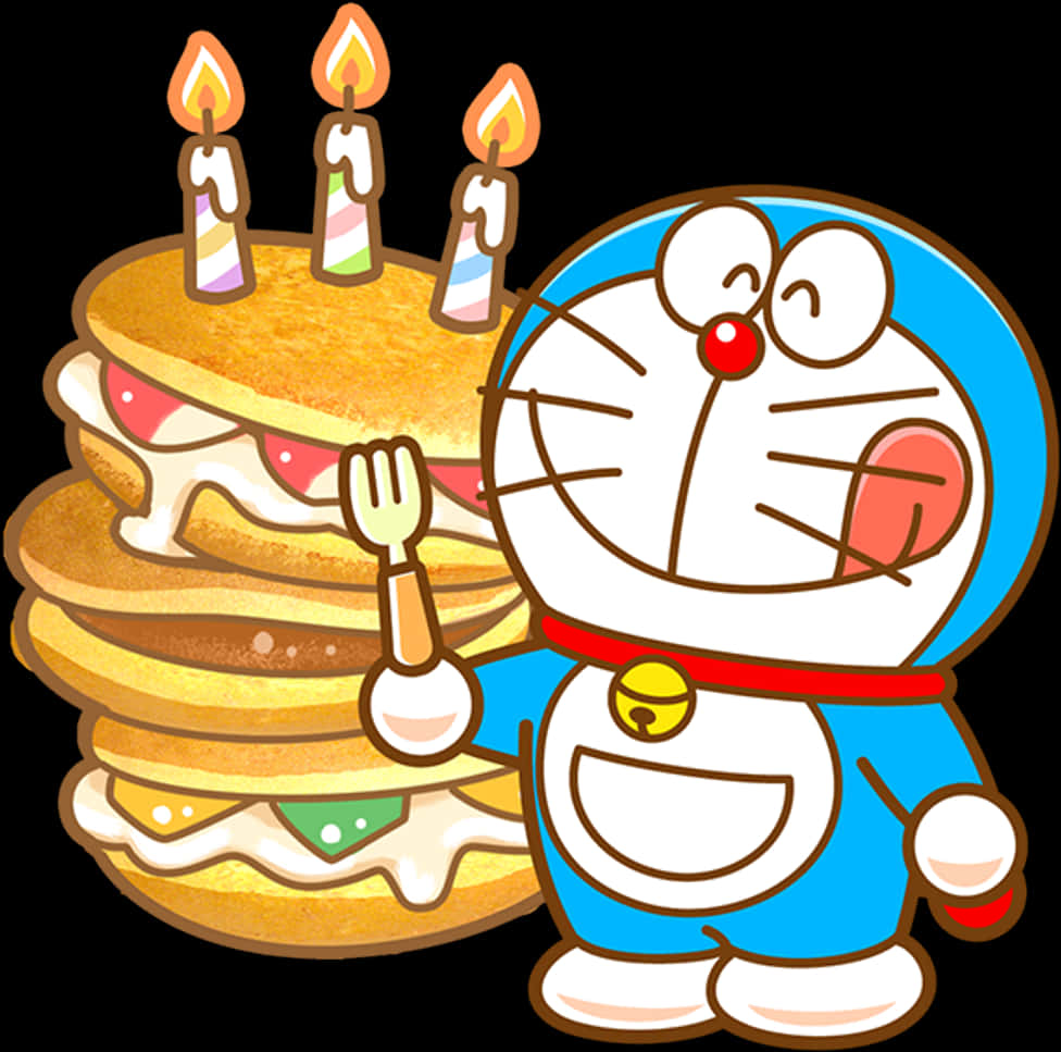 Doraemon Celebratingwith Pancake Cake PNG with transparent background