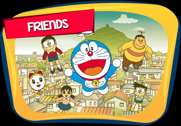 Doraemonand Friends Flying Over Town PNG with transparent background