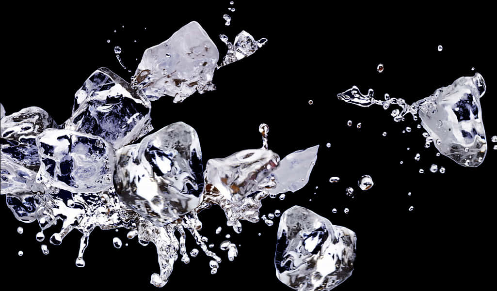 Dynamic Ice Cubes Splash Black Background PNG with transparent background