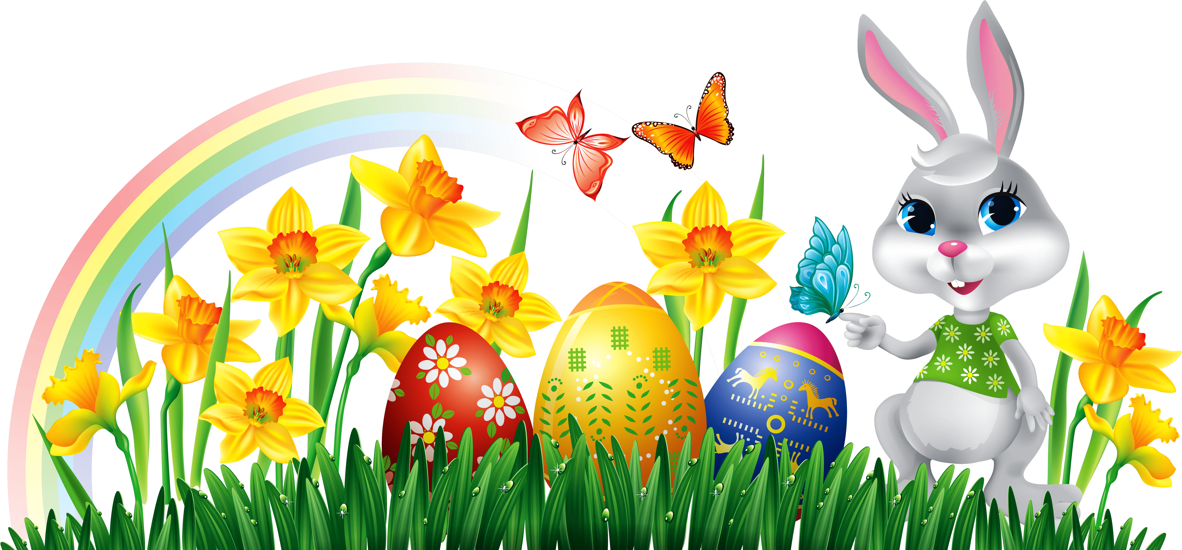 Easter Bunny With Daffodils Eggs And Grass Decor Png - Easter Eggs And Bunny Clipart, Transparent Png PNG with transparent background