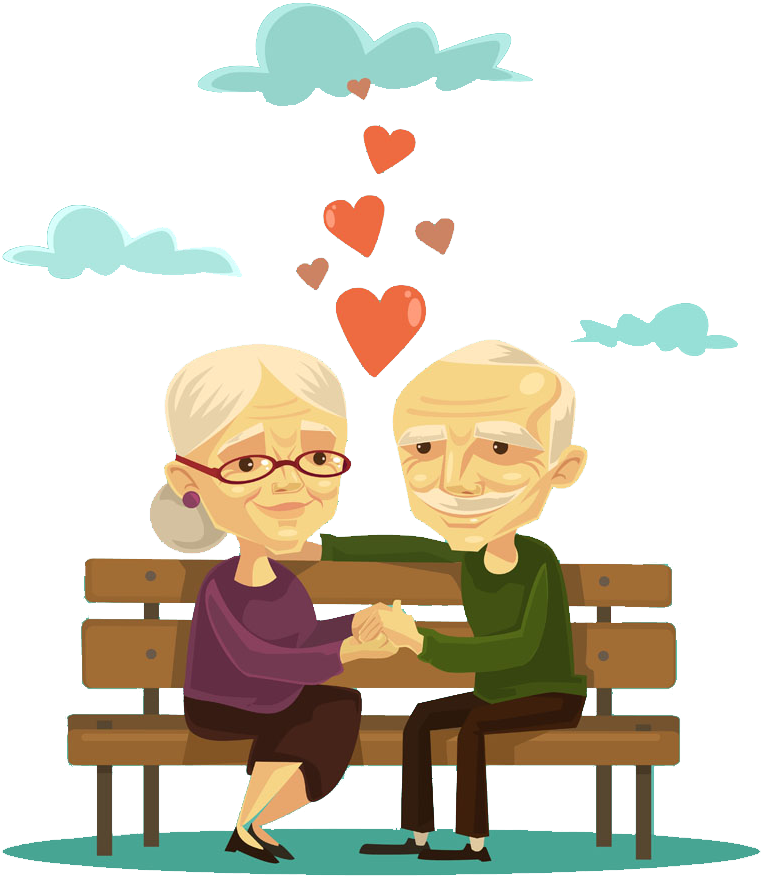 Elderly Couple Love Bench Cartoon