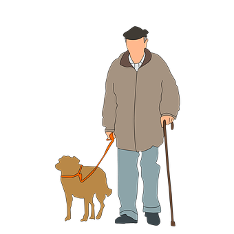Elderly Manwith Guide Dog PNG with transparent background