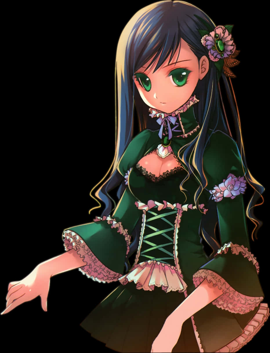 Elegant Anime Girlin Green Dress