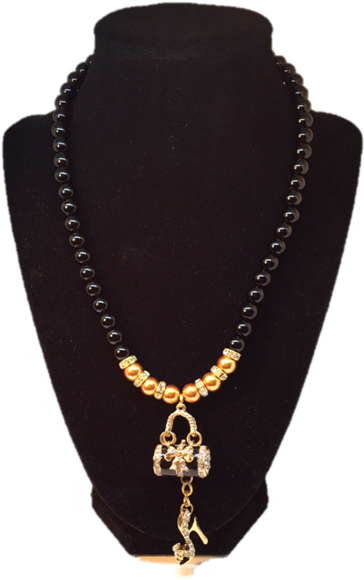 Elegant Black Beaded Necklacewith Golden Pendant