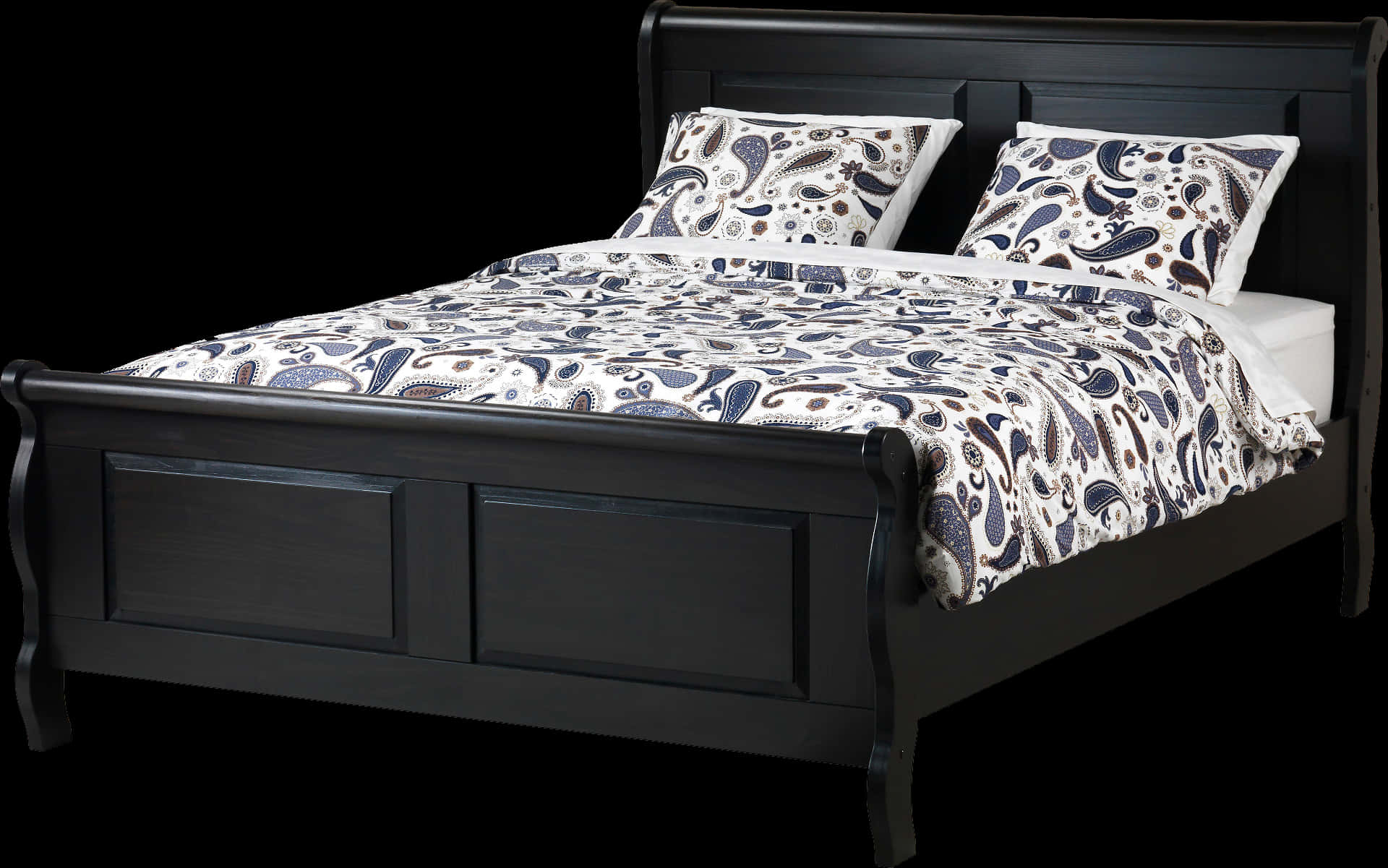 Elegant Black Wooden Bedwith Patterned Bedding PNG with transparent background