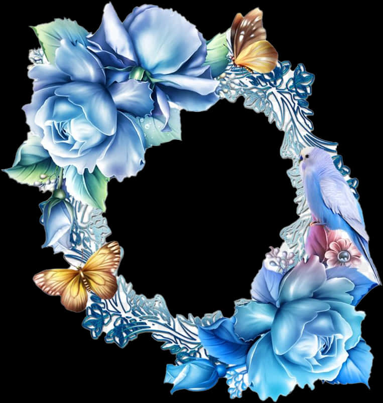 Elegant_ Blue_ Floral_ Border_with_ Bird_and_ Butterflies