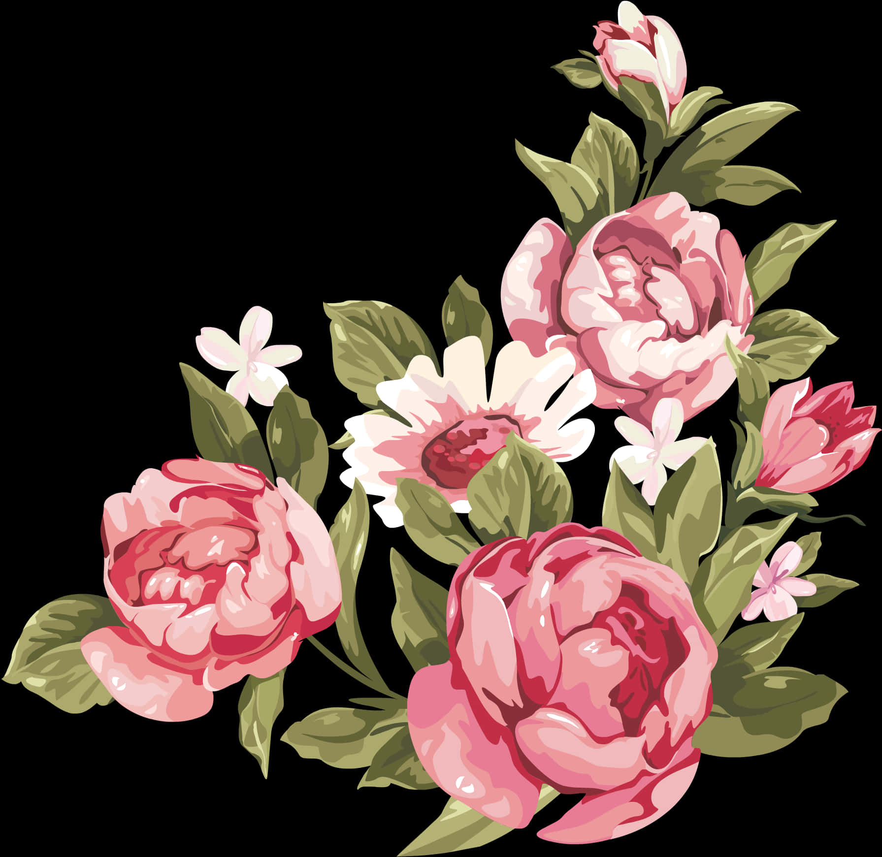 Elegant Floral Arrangementon Black Background PNG image with a transparent background, free high-resolution download