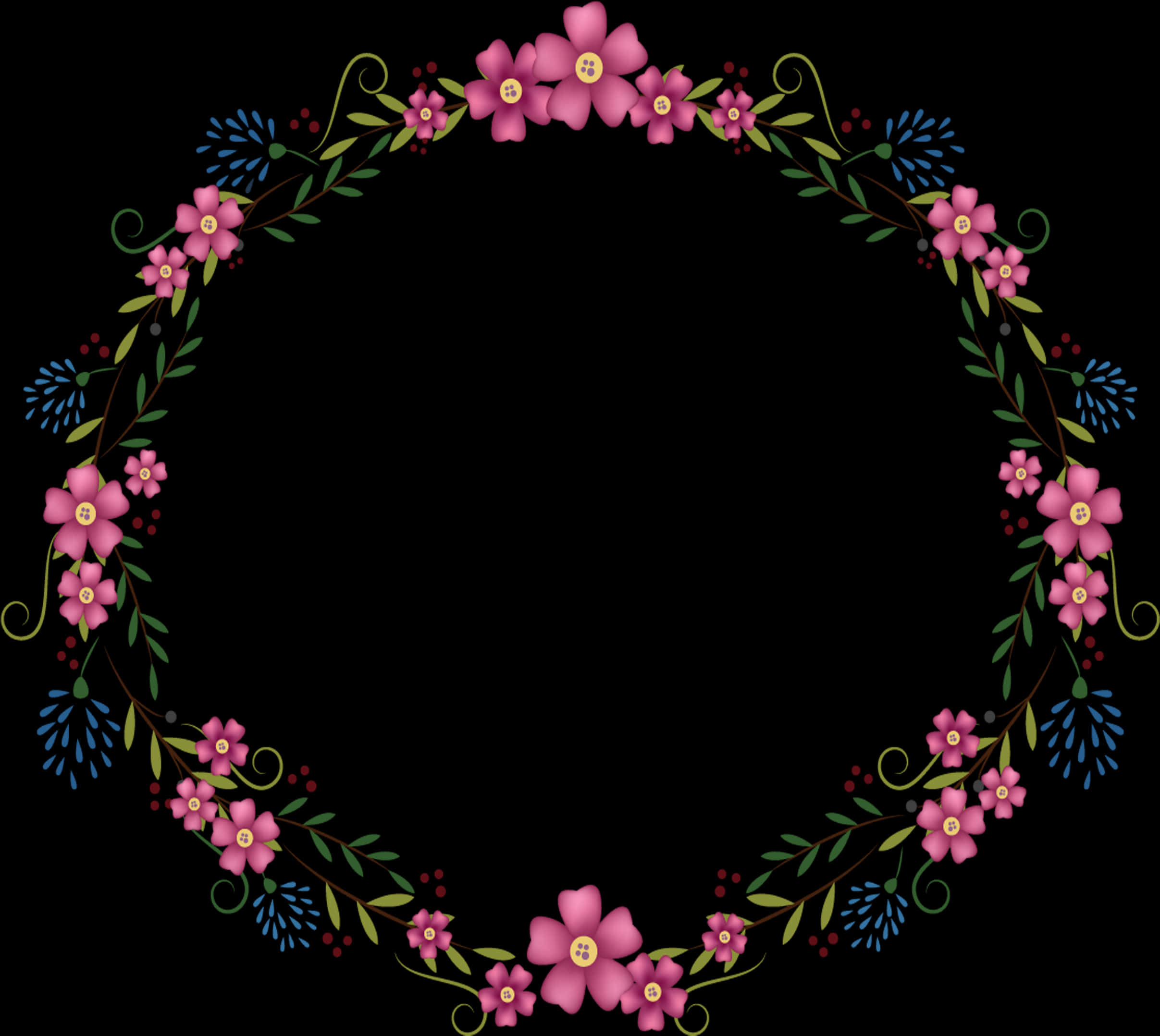 Elegant Floral Frame Black Background PNG with transparent background