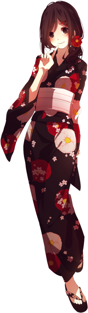 Elegant Floral Kimono Anime Character PNG with transparent background