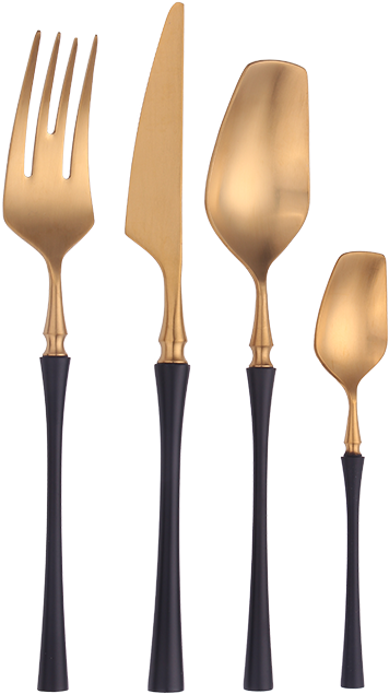 Elegant Gold Black Handle Cutlery Set PNG image with a transparent background, free high-resolution download