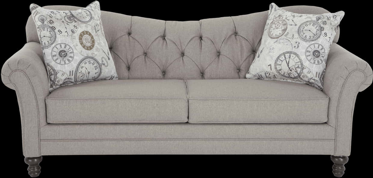 Elegant Gray Tufted Couchwith Pillows PNG with transparent background