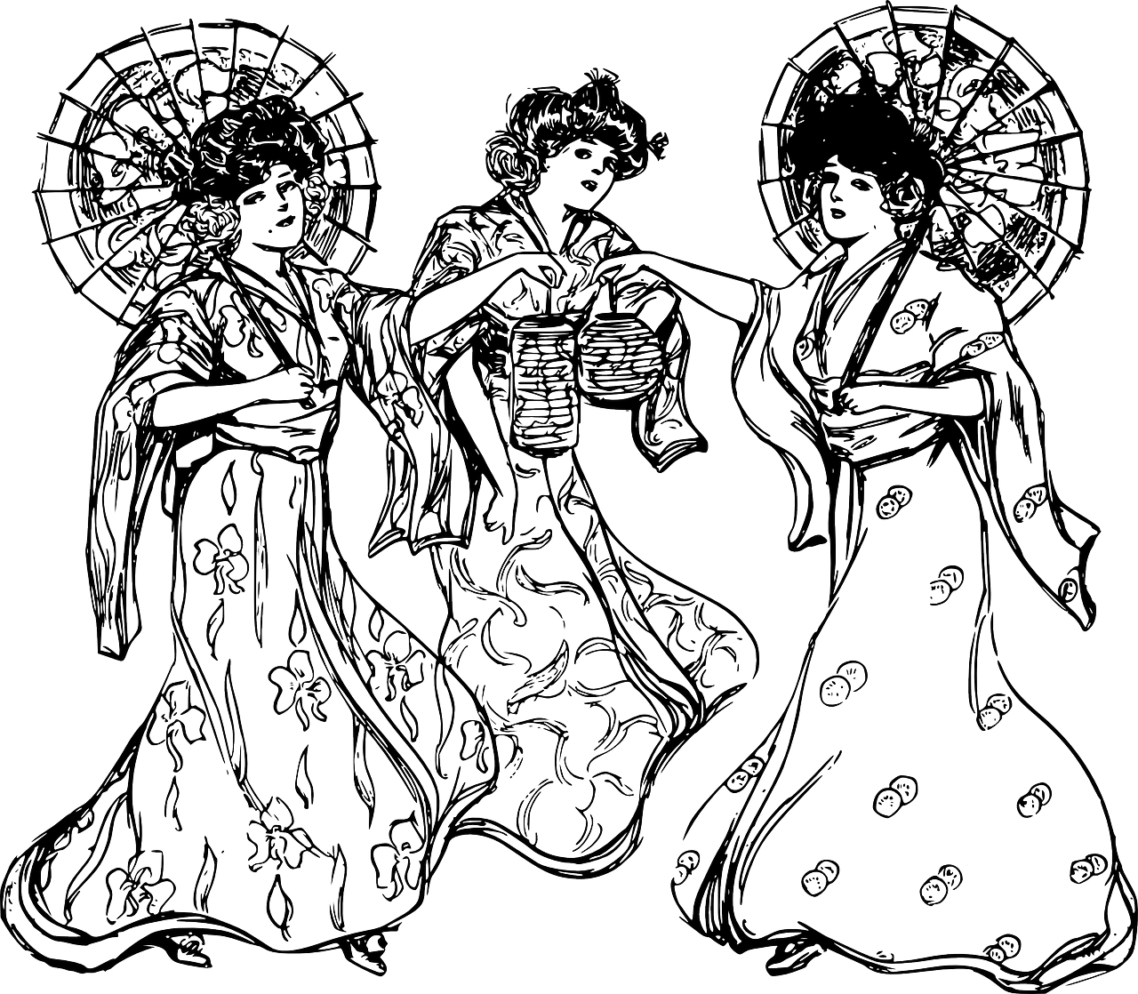 Elegant Kimono Clad Women Art PNG with transparent background