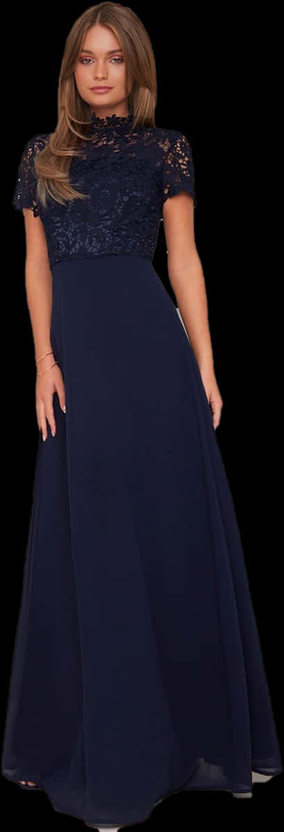 Elegant Navy Lace Evening Gown