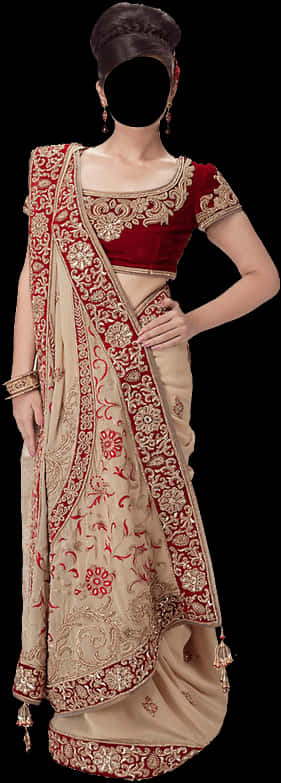 Elegant Redand Beige Embroidered Saree Model