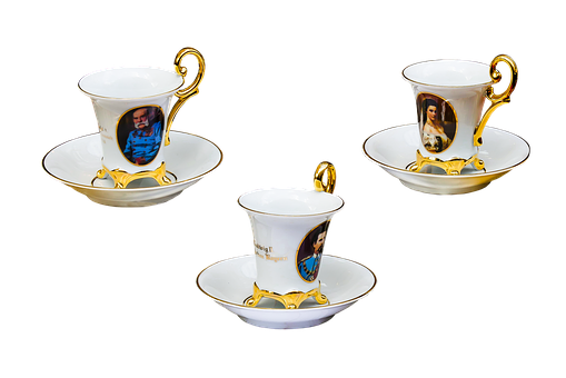 Elegant Teacupswith Portraits Gold Trim PNG with transparent background