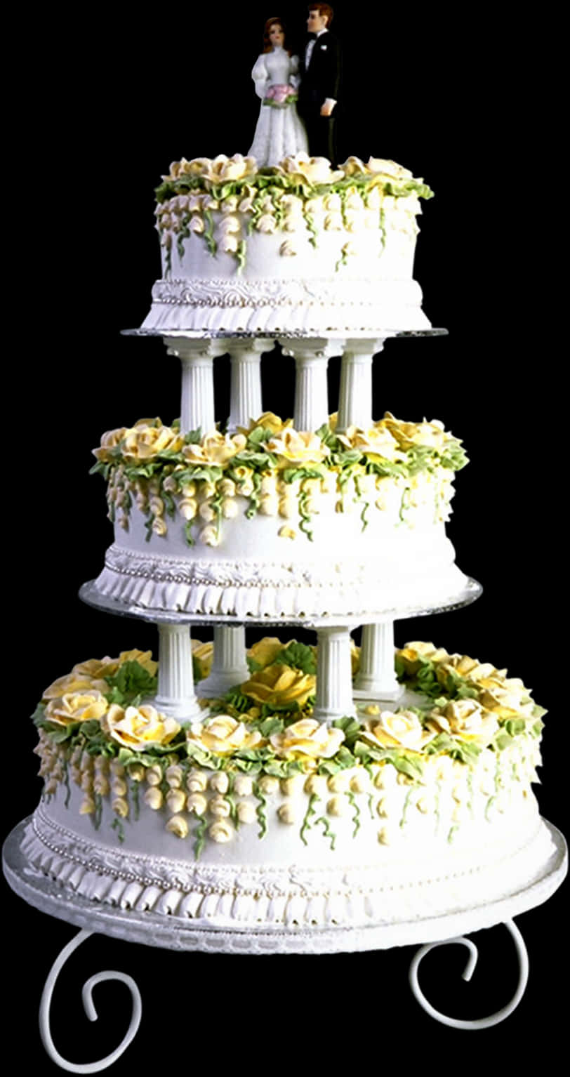 Elegant Wedding Cakewith Couple Topper PNG with transparent background