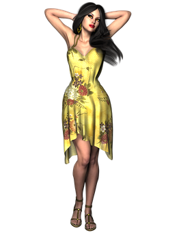 Elegant Woman Yellow Floral Dress