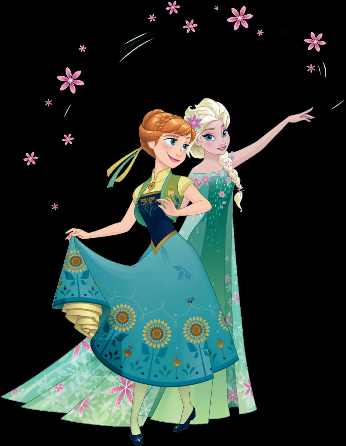 Elsaand Anna Frozen Sisters Floral Background PNG with transparent background