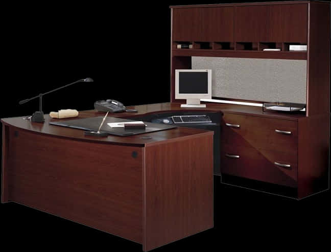 Executive Wooden Desk Setup PNG with transparent background