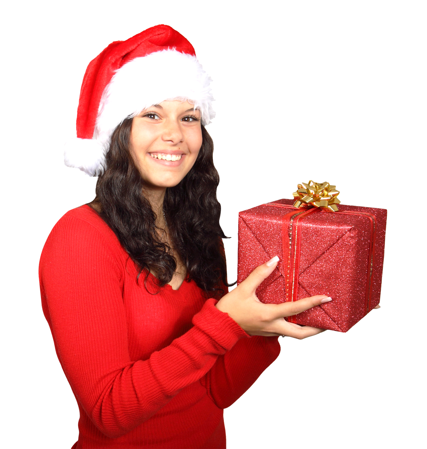 Festive Woman Holding Christmas Gift PNG with transparent background