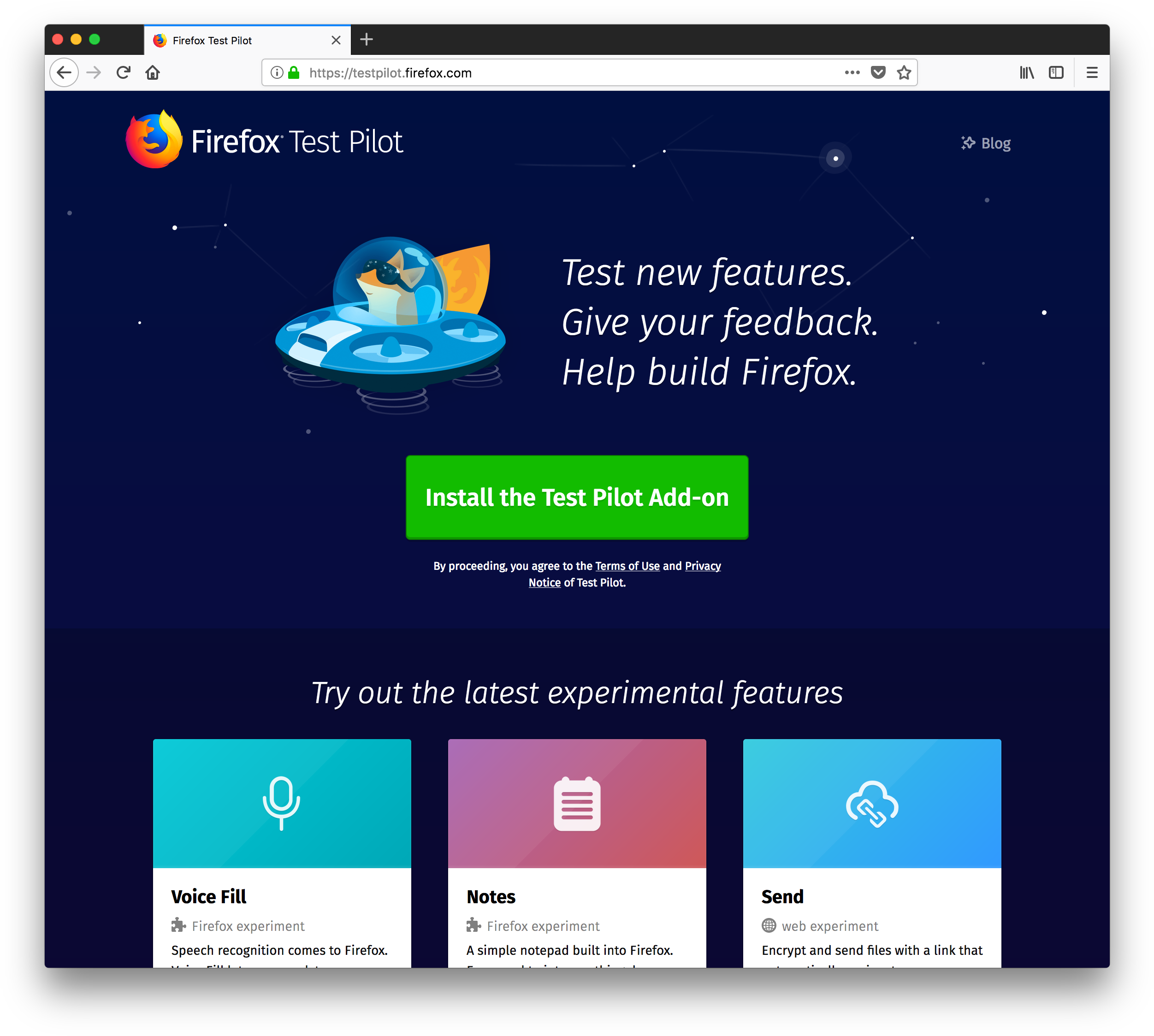 Firefox Test Pilot Program Screen