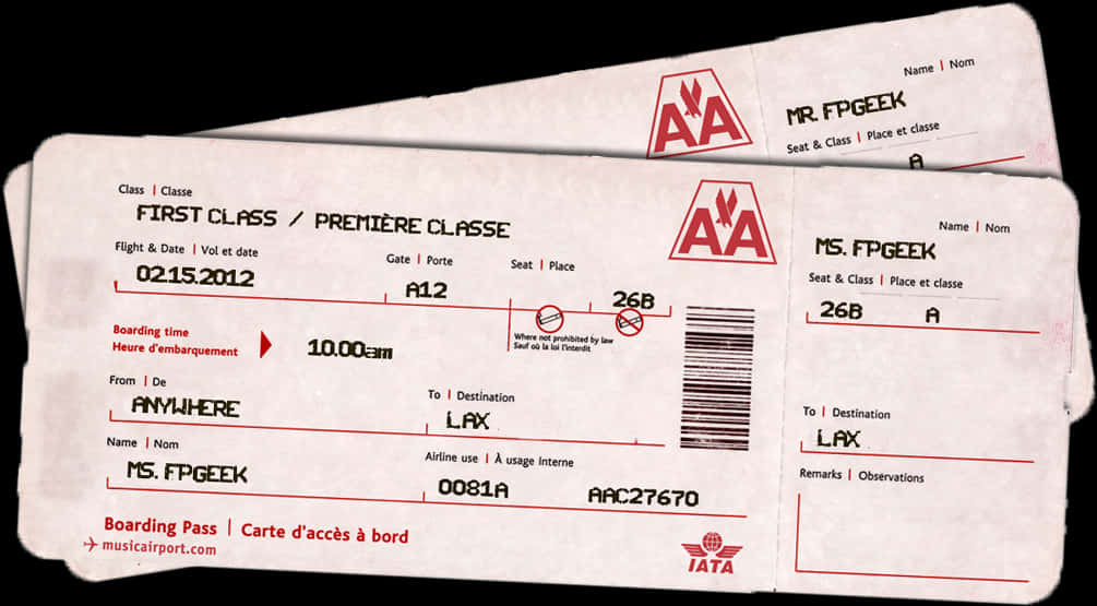 Fpgeeks Vday Gift Plane Tickets - Fake American Airline Ticket, HD Png Download PNG image with a transparent background, free high-resolution download