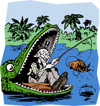 Fishing Inside Alligator Cartoon PNG with transparent background