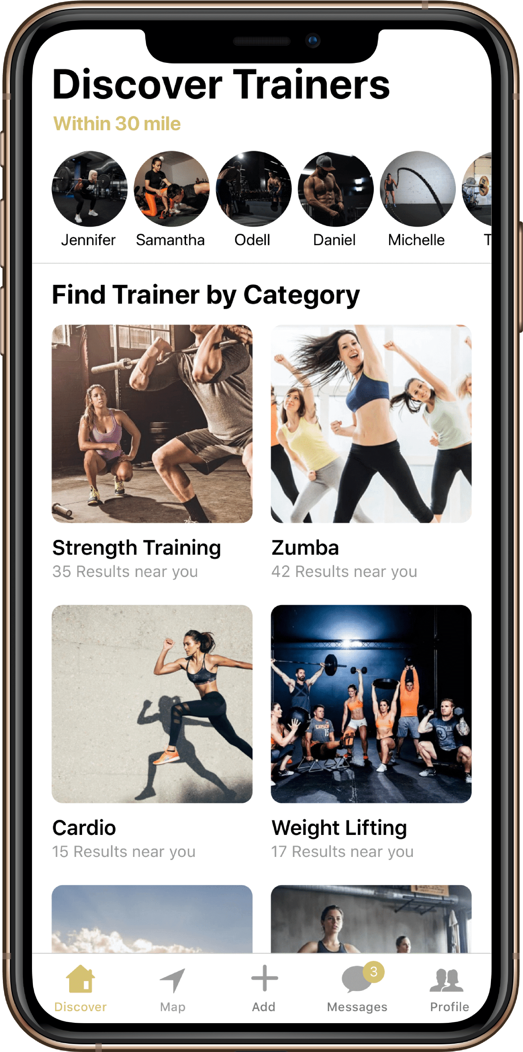 Fitness Trainer Discovery App Screen PNG with transparent background
