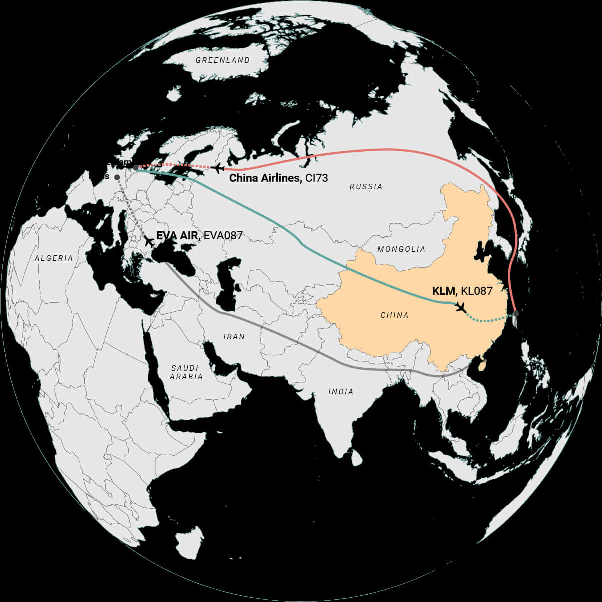 Flight Paths Over China Globe View